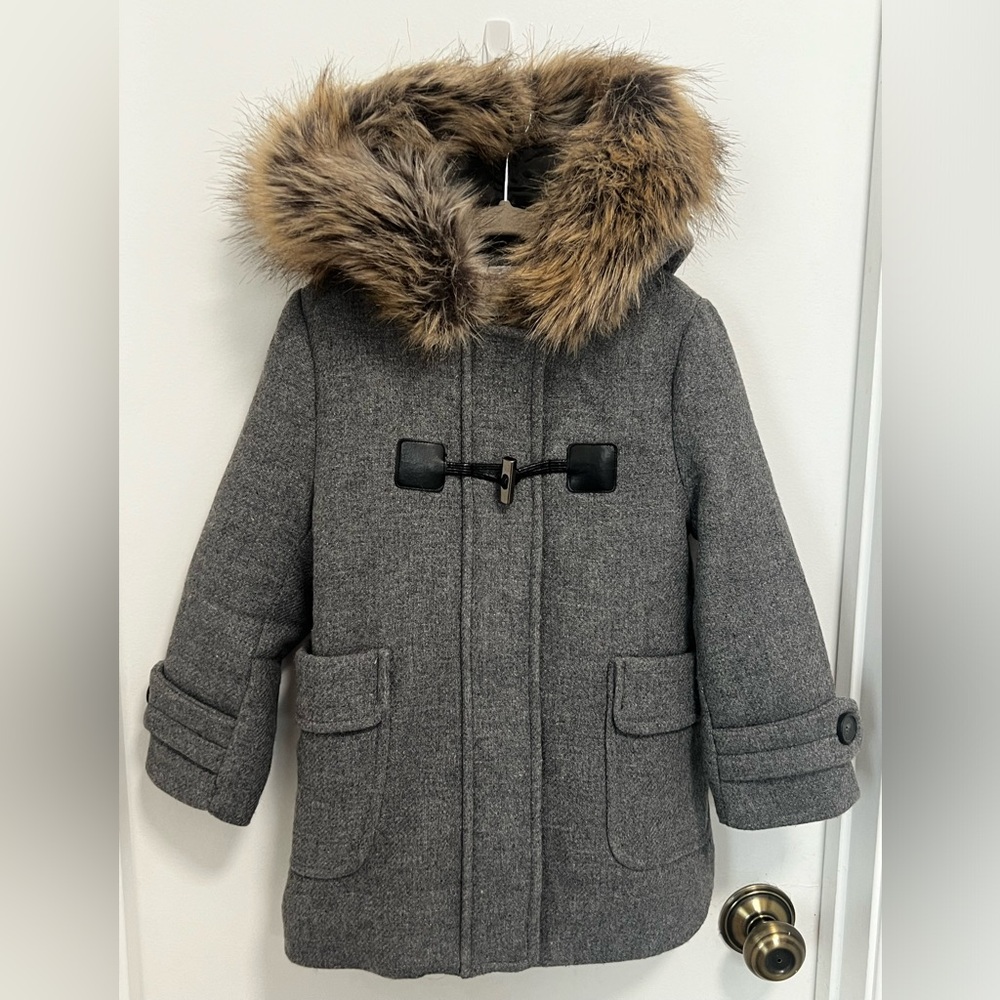 Zara Gray Kids Coat with Faux Fur Trim